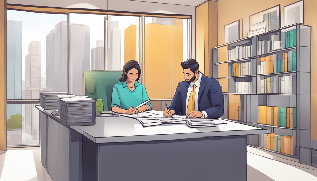 A business owner signs paperwork for a loan in a bank office