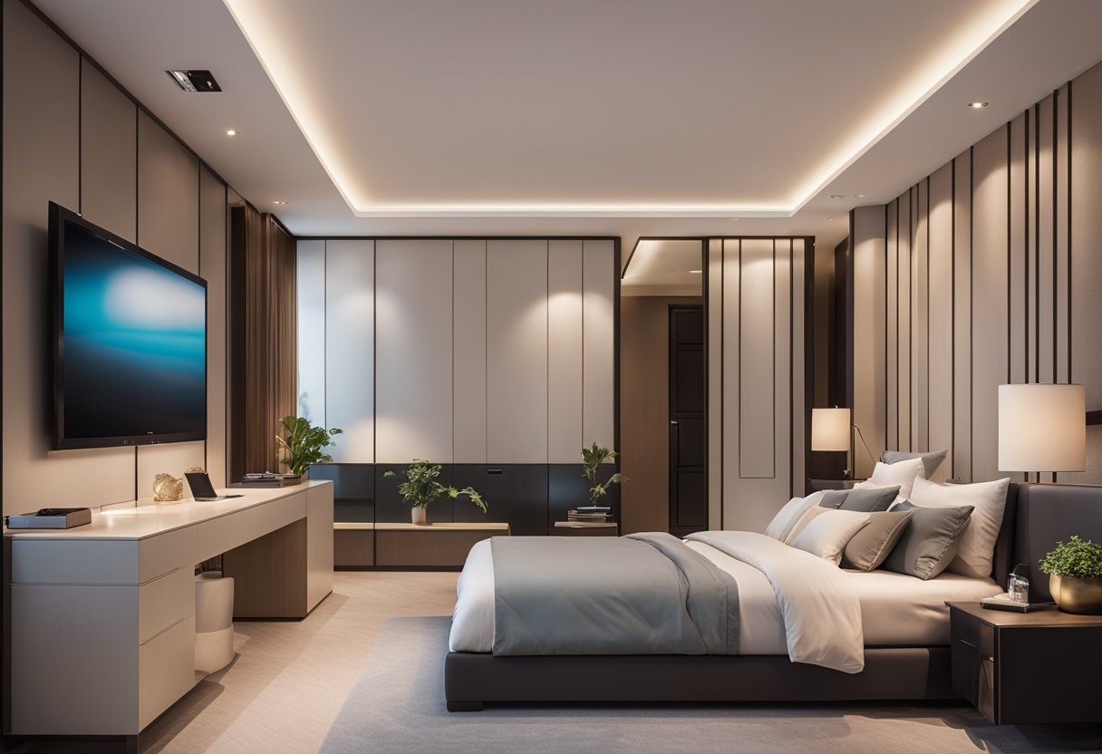 A sleek bedroom with a simple false ceiling design, featuring stylish lighting and clean lines