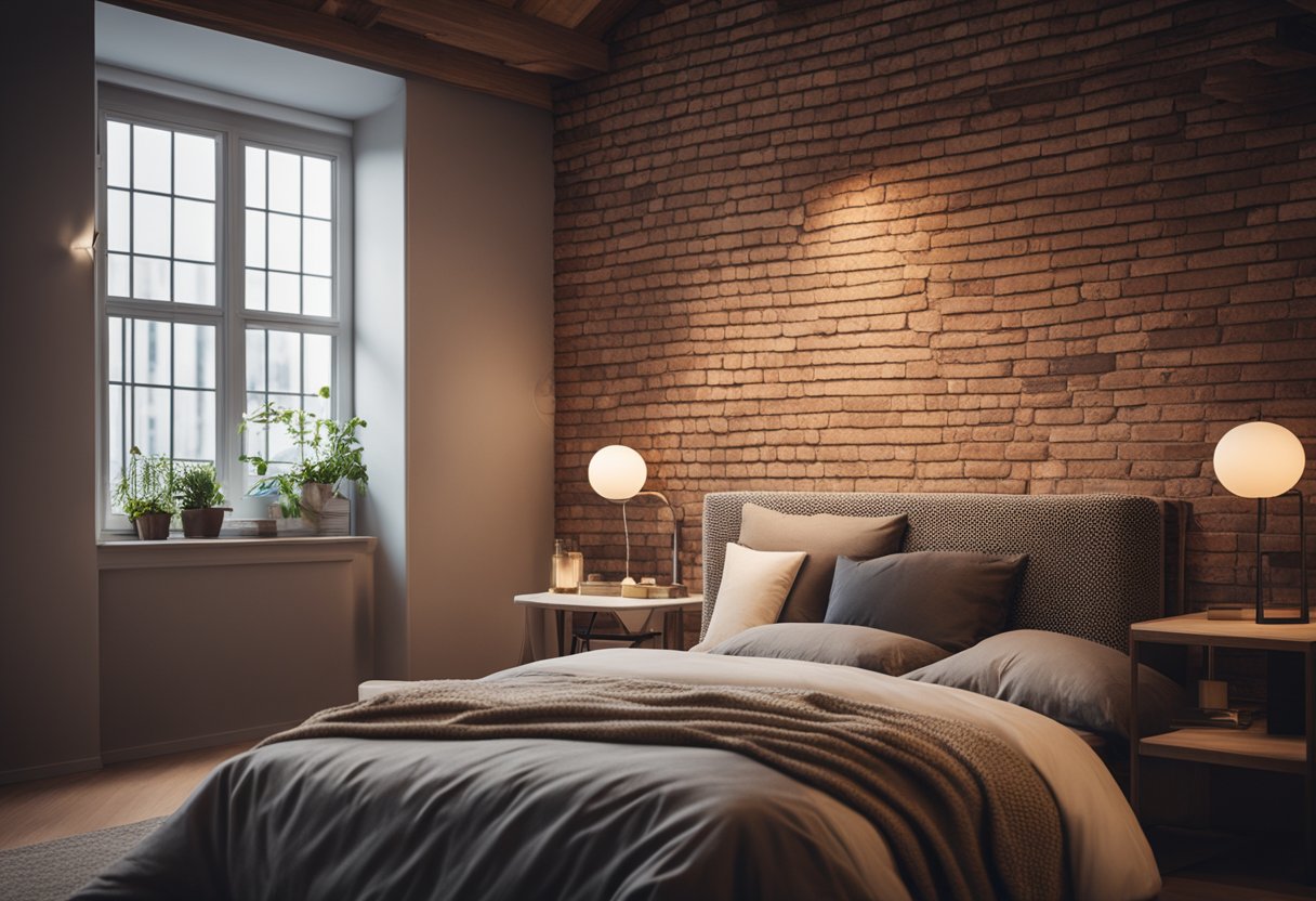 A brick wall with soft lighting and a cozy bed in a bedroom setting