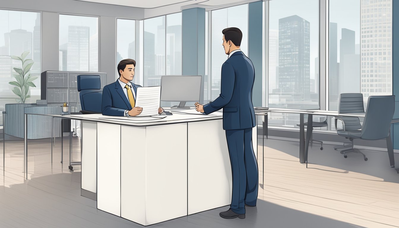A person in a business suit presenting a detailed proposal to a bank manager at a desk. The proposal includes financial charts and graphs