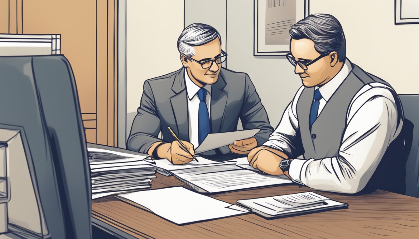 A business owner signing loan documents with a banker at a desk