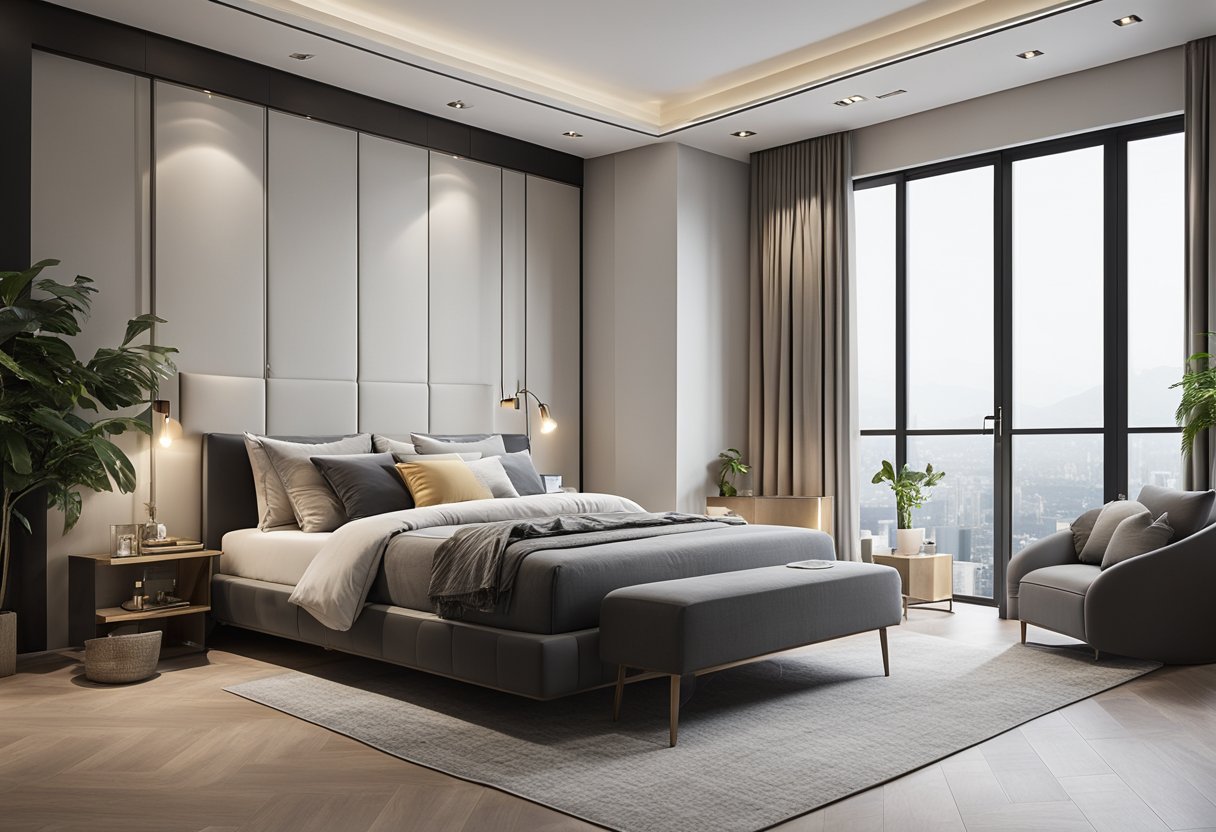 A bedroom with a simple false ceiling design, featuring clean lines and minimalistic details, creating a modern and elegant atmosphere
