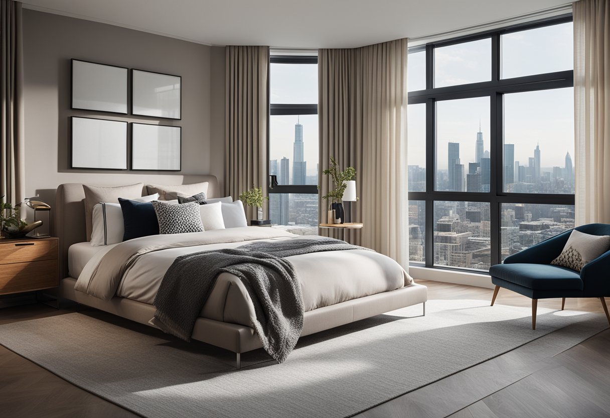 A cozy bedroom with modern furniture, large windows, and a view of the city skyline. The room features a neutral color palette with pops of color in the decor