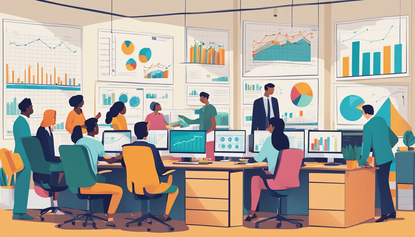 A bustling office with a diverse team discussing financing options and reviewing business loan documents. Charts and graphs adorn the walls, showcasing financial growth and potential opportunities