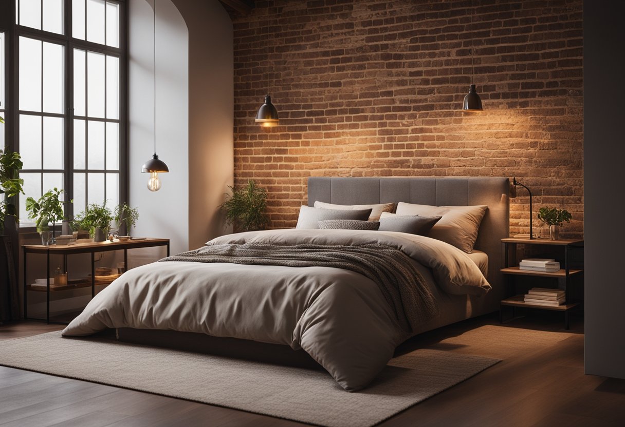 A cozy bedroom with a rustic brick wall as a focal point, adorned with warm lighting and minimalist decor
