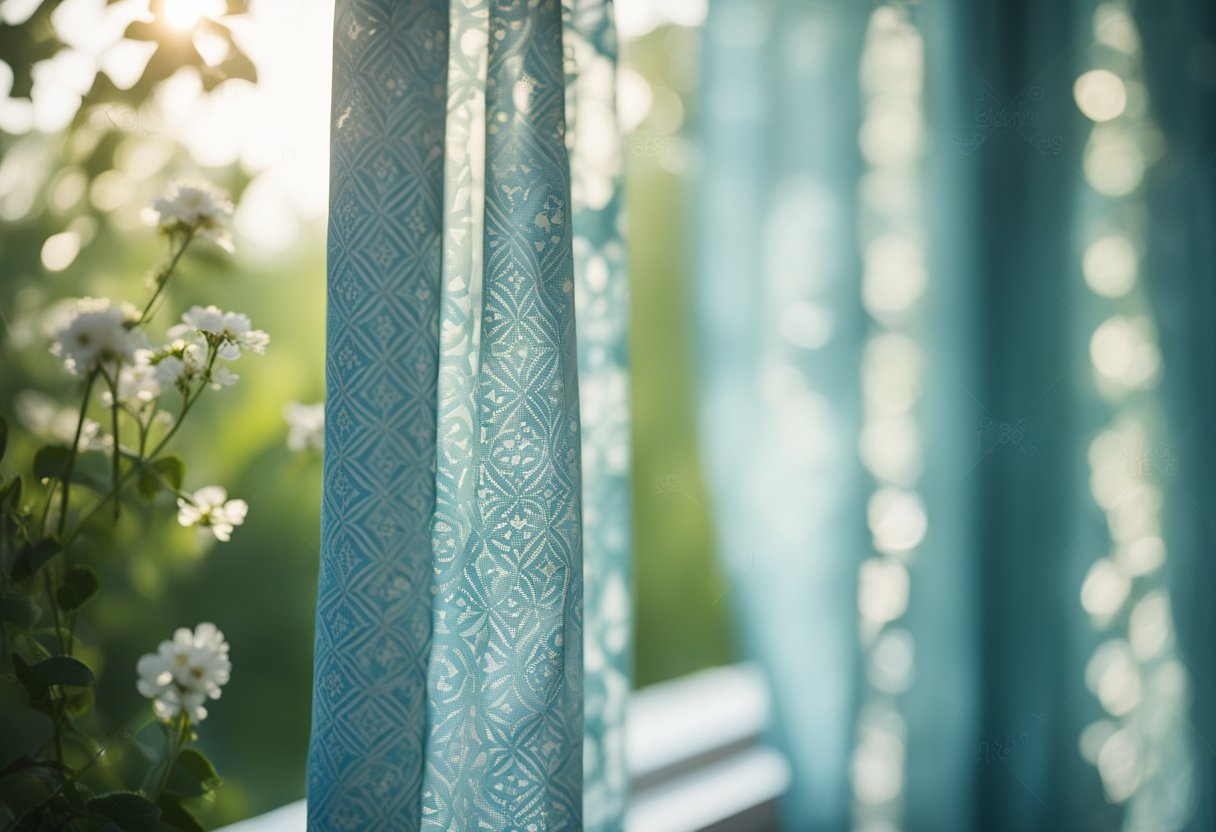 The sun filters through the sheer white curtains, casting a soft glow on the patterned fabric. The design features delicate floral motifs in shades of blue and green, adding a touch of elegance to the bedroom