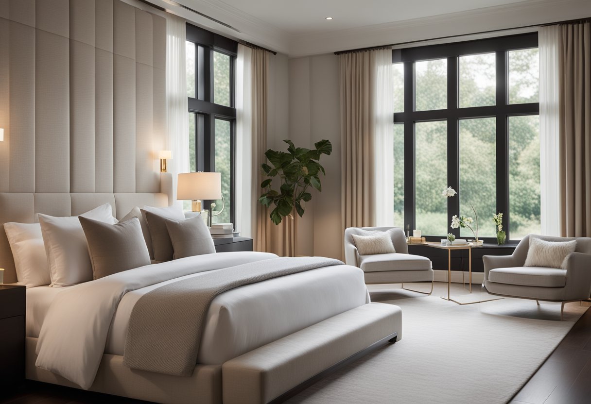 A spacious master bedroom with a cozy king-size bed, soft neutral tones, and large windows overlooking a serene garden. A sleek, modern fireplace and a plush reading nook complete the luxurious yet inviting atmosphere