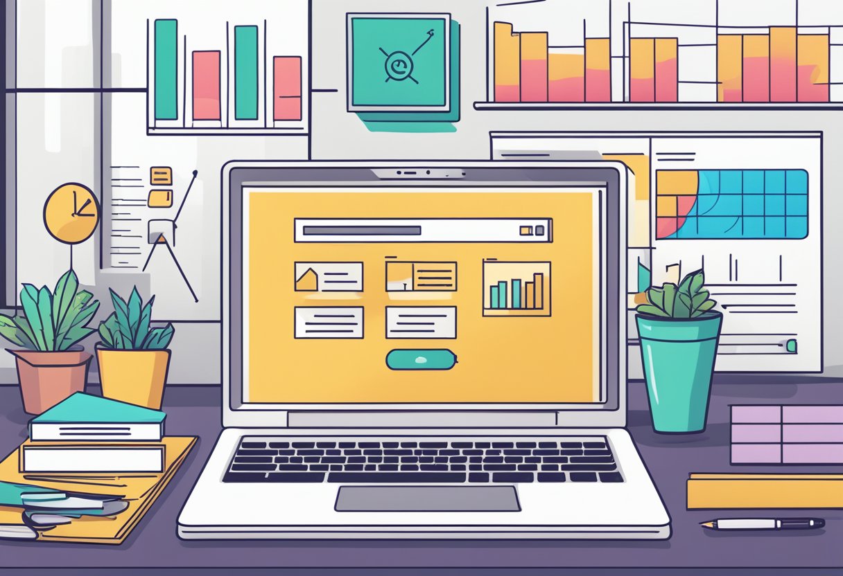 A laptop displaying a quiz with affiliate marketing questions, surrounded by charts and graphs showing increased sales