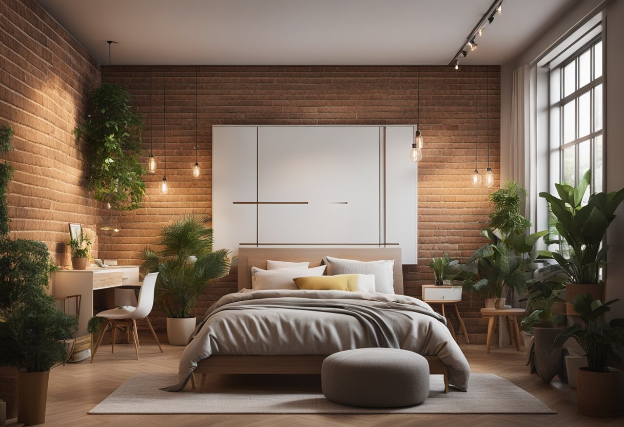A bedroom with a brick wall design, adorned with hanging lights, potted plants, and a cozy reading nook