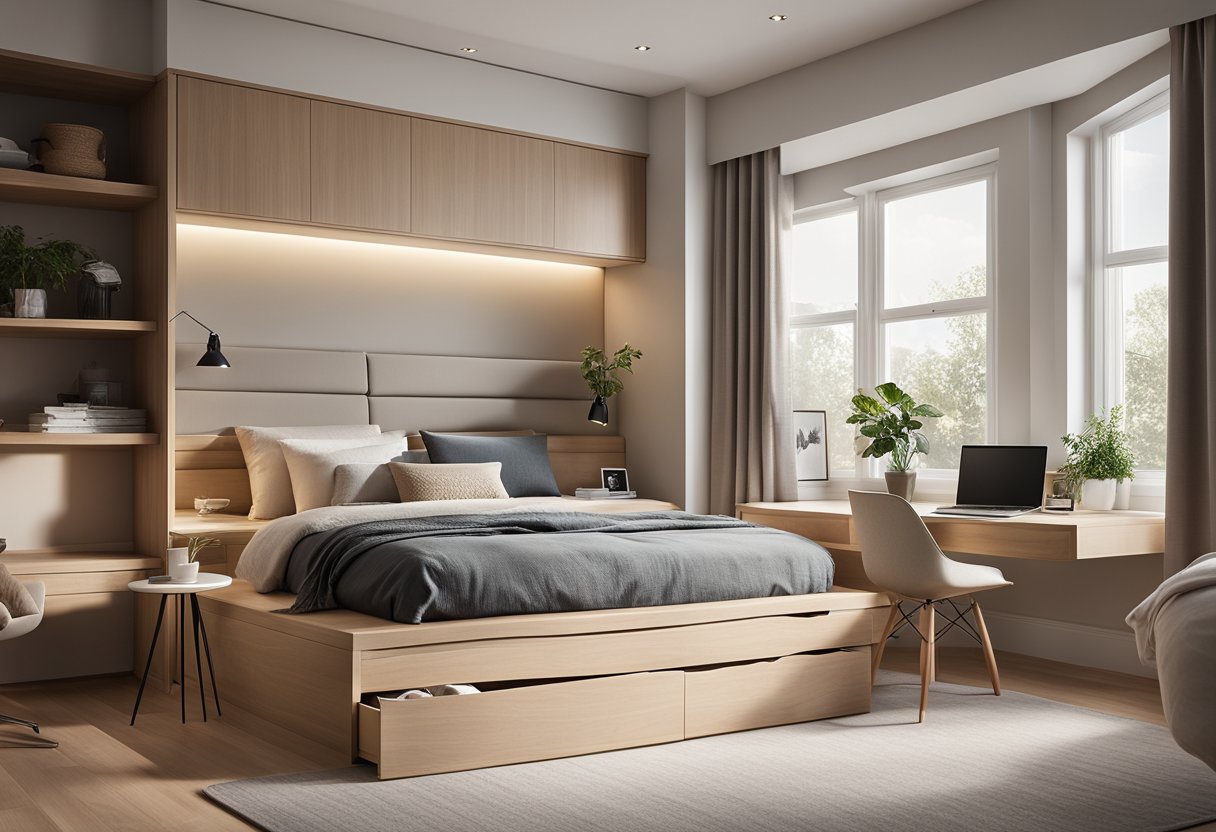 A cozy condo bedroom with a raised platform bed, built-in storage, and a wall-mounted desk to maximize space. A large window lets in natural light, and the neutral color scheme creates a calming atmosphere