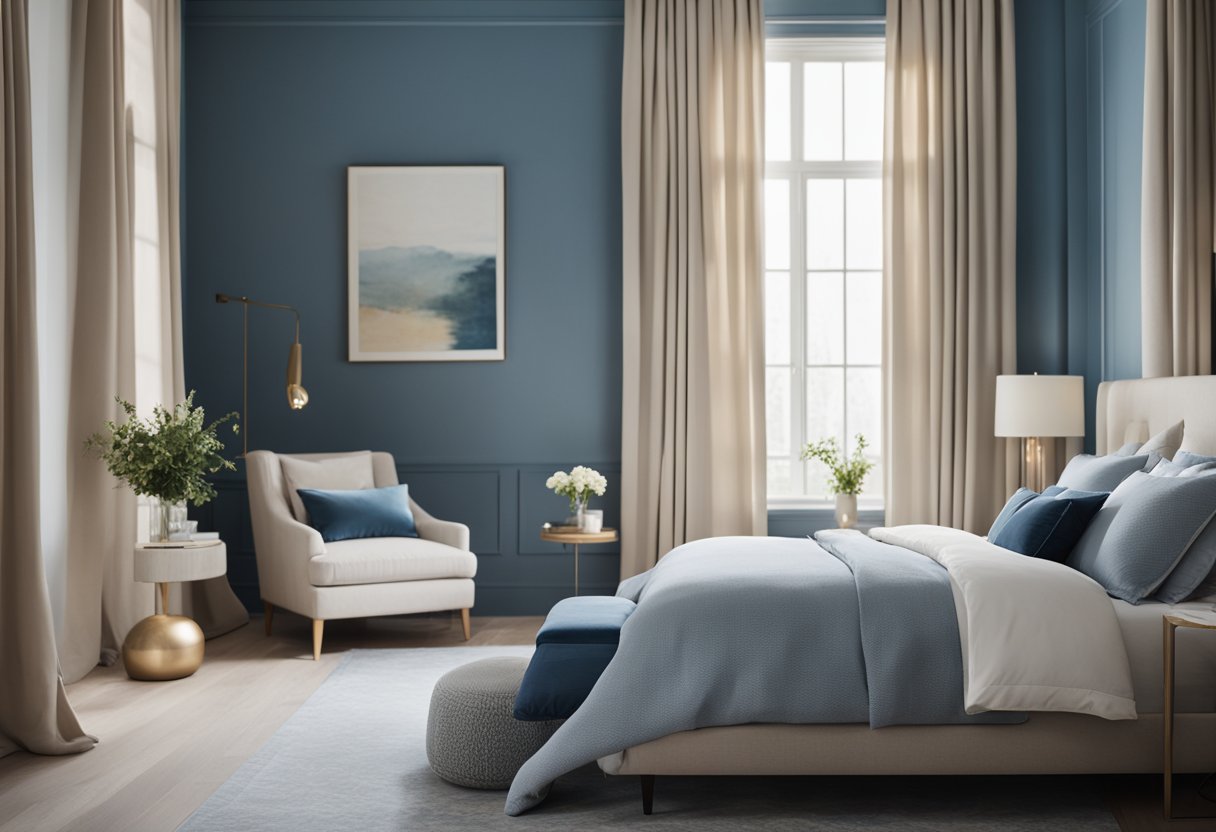 A spacious master bedroom with a king-sized bed, soft and luxurious bedding, a cozy reading nook by the window, and a calming color palette of blues and neutrals