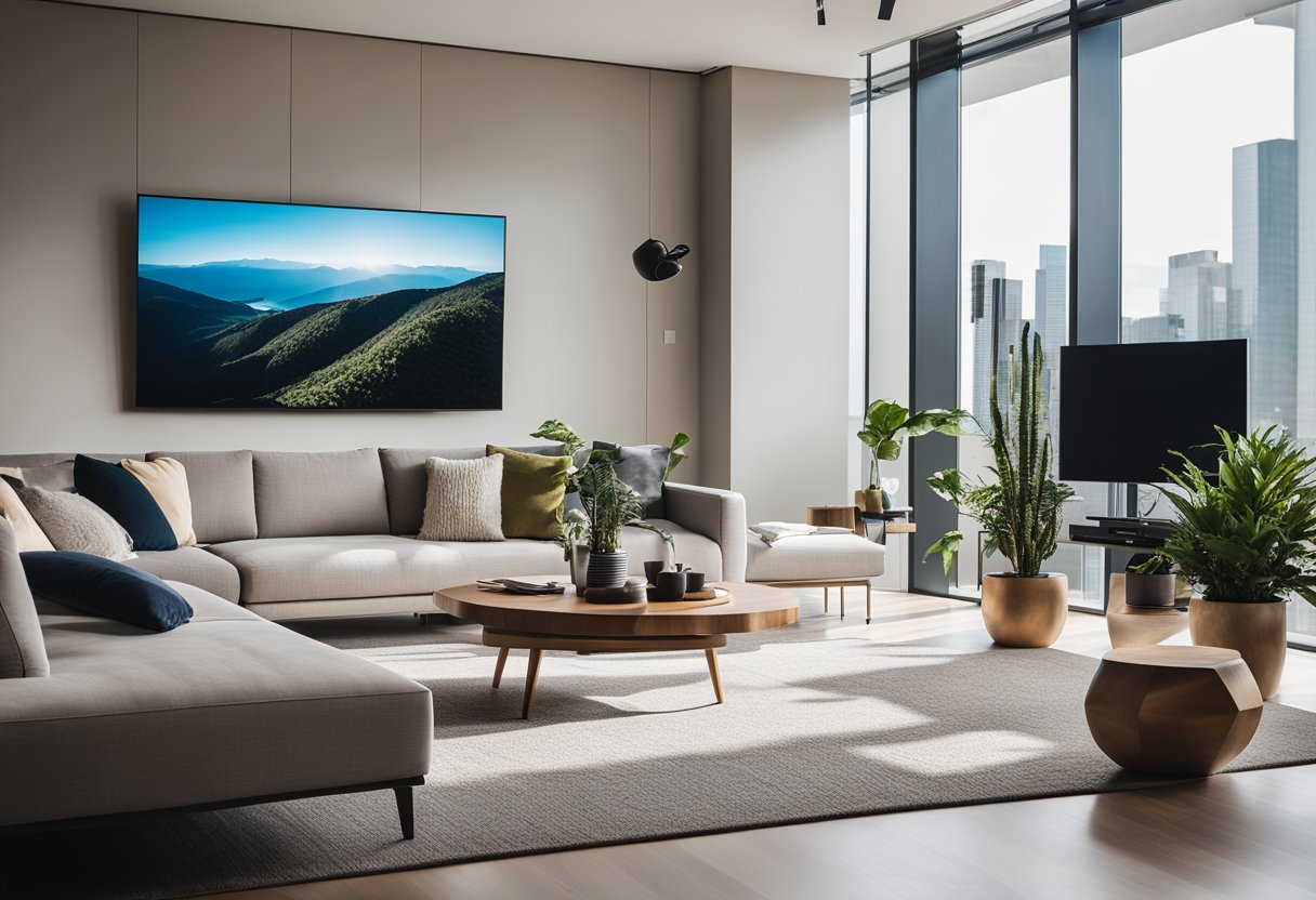 A modern living room with a sleek sofa, a stylish coffee table, and a large flat-screen TV mounted on the wall. The room is filled with natural light from the floor-to-ceiling windows, and there are plants and decorative accents throughout the space
