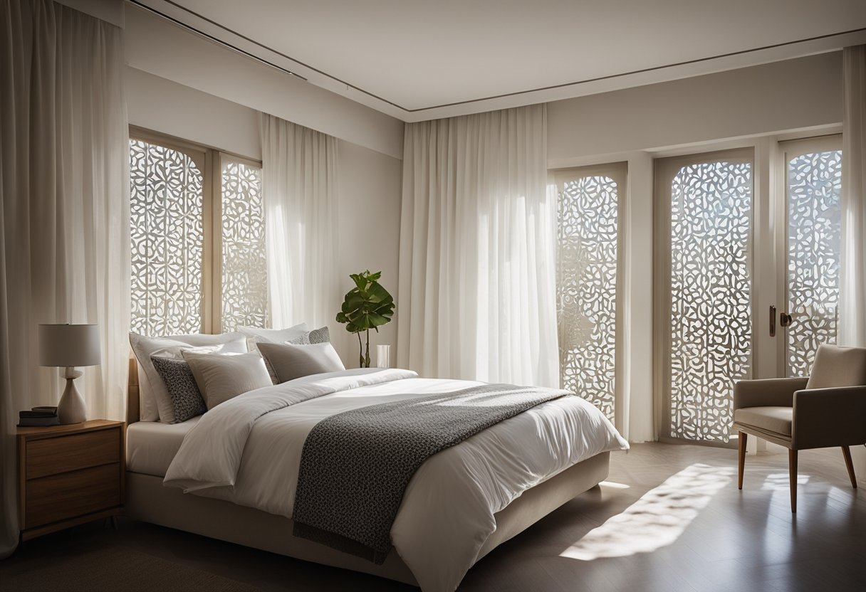 A bedroom with a large window, sunlight streaming through white curtains, and a patterned design with "Frequently Asked Questions" written on them