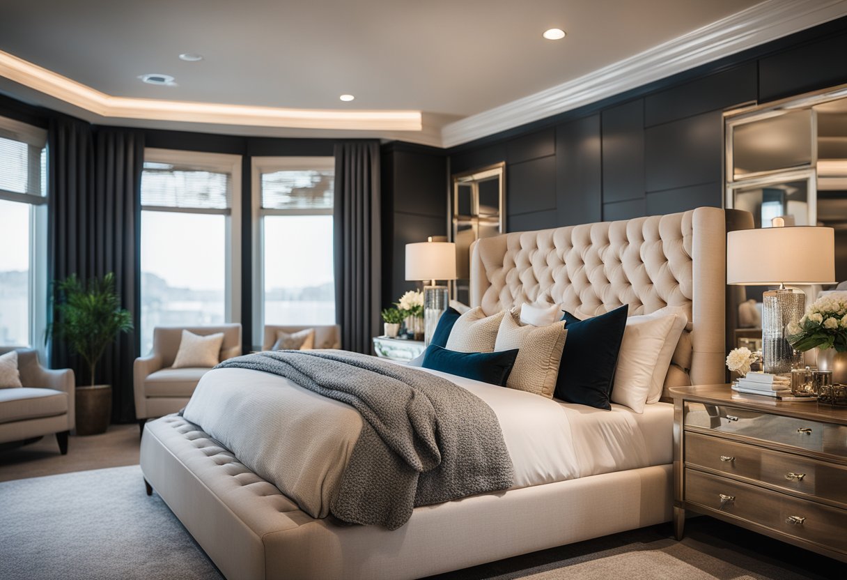 A cozy master bedroom with warm, neutral tones, plush textures, and elegant details, such as a tufted headboard, soft lighting, and decorative accents