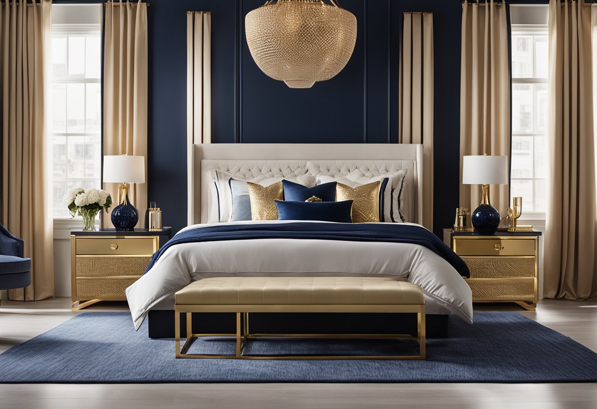 A luxurious bedroom with modern furniture, soft lighting, and elegant decor. The color scheme is neutral with pops of gold and navy blue, creating a sophisticated and stylish ambiance