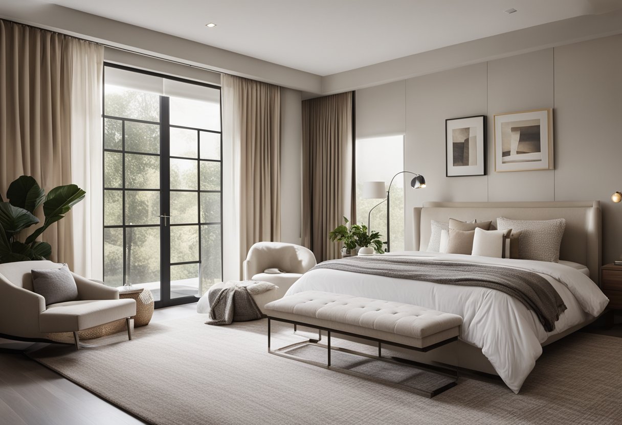 A cozy, modern master bedroom with a neutral color scheme, plush bedding, and ample natural light from large windows