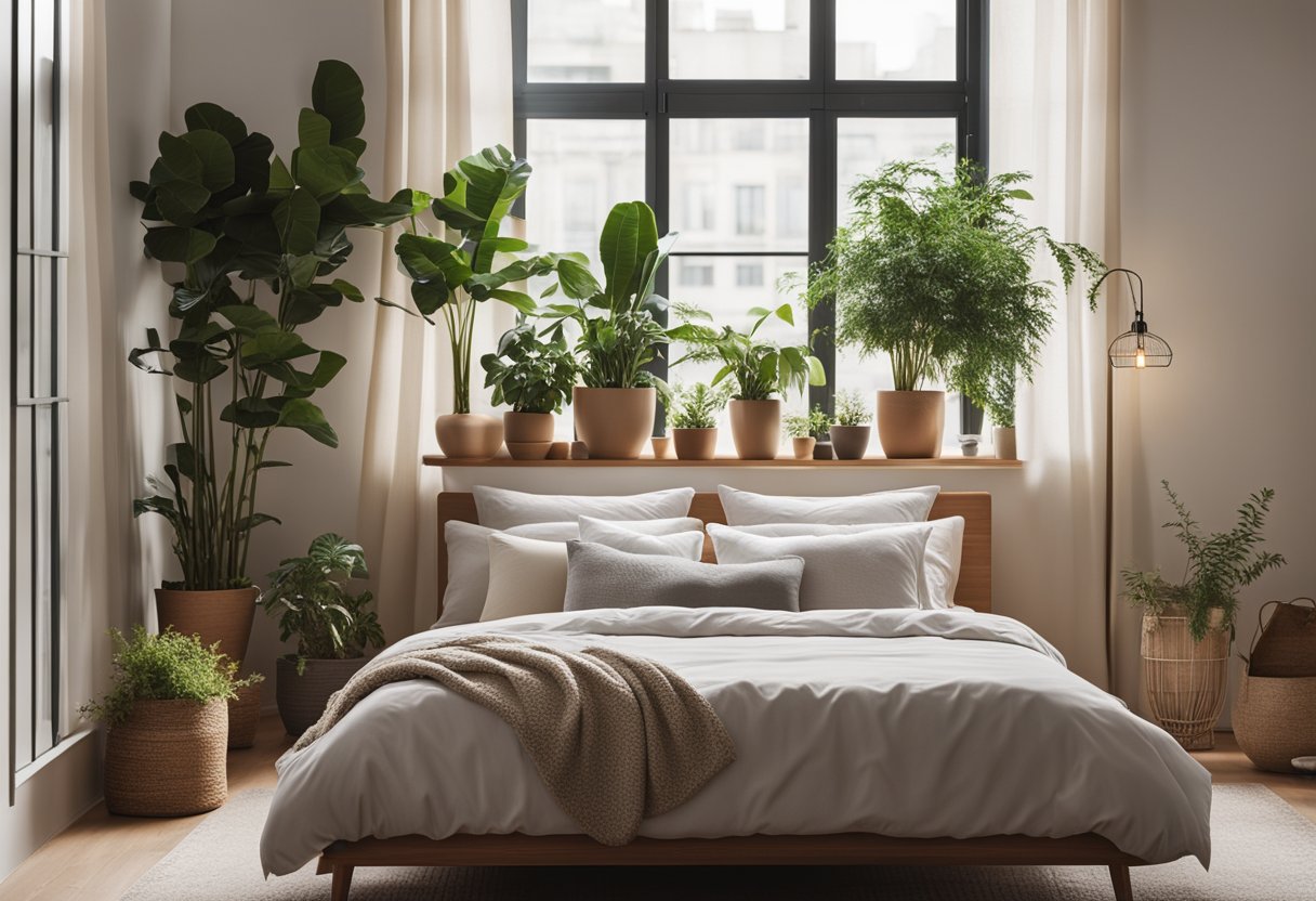 A cozy bedroom with modern furniture, soft lighting, and a neutral color palette. A large window allows natural light to fill the room, and potted plants add a touch of greenery