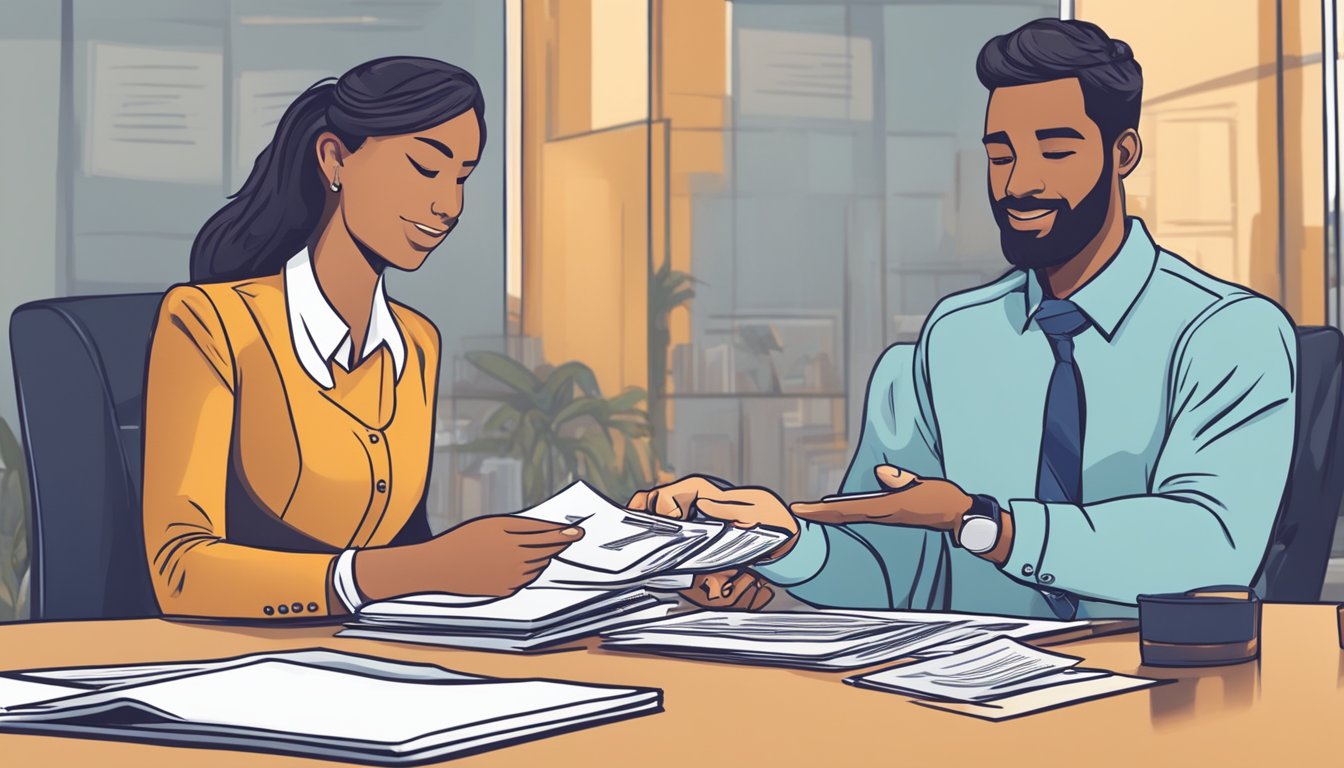 A business owner receives a loan from a financial institution. The loan officer hands over a stack of money as the business owner signs the paperwork