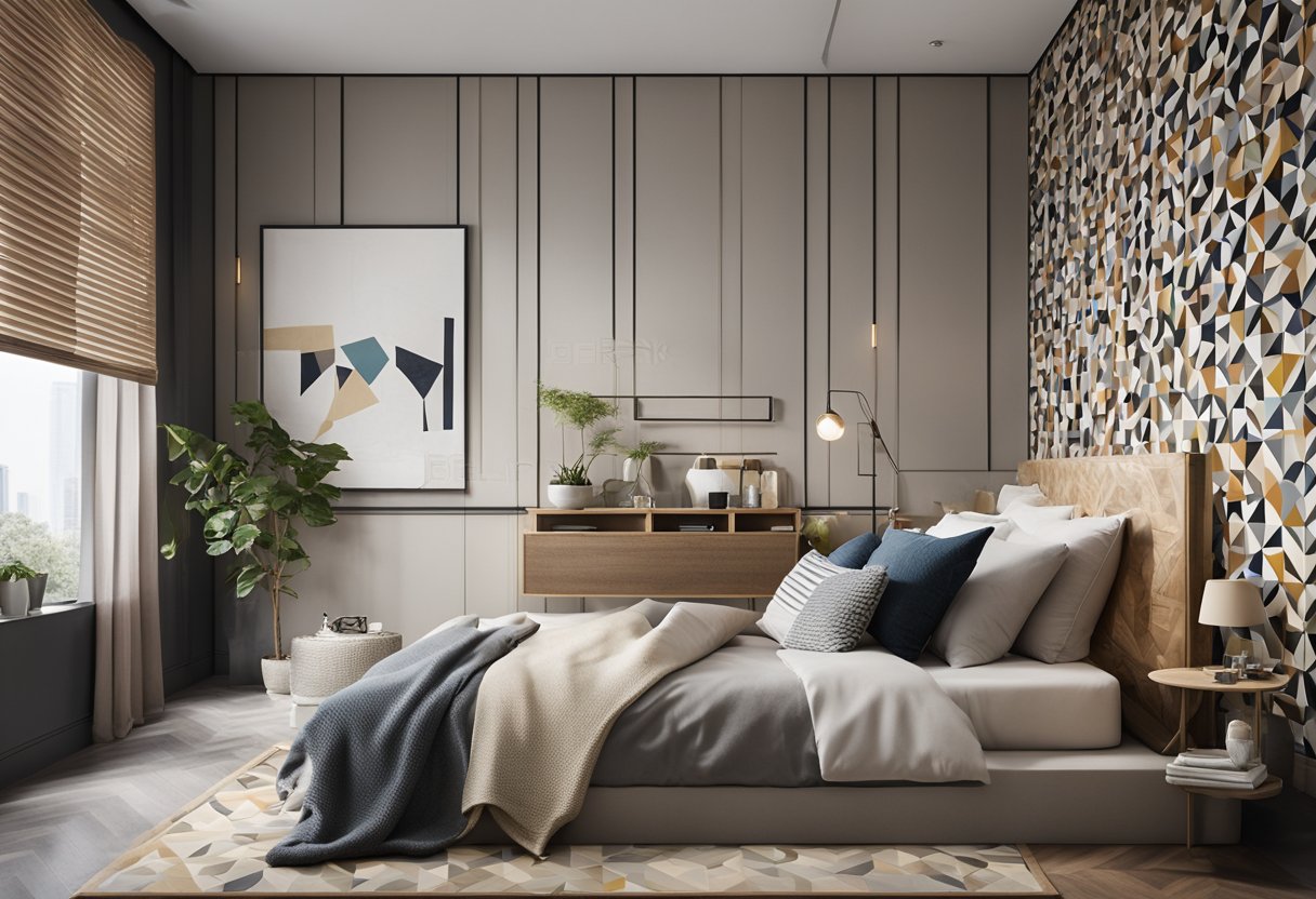 A modern bedroom with geometric patterned tiles in neutral colors, accented with pops of bold hues. A mix of textures and shapes create a visually dynamic and inviting space