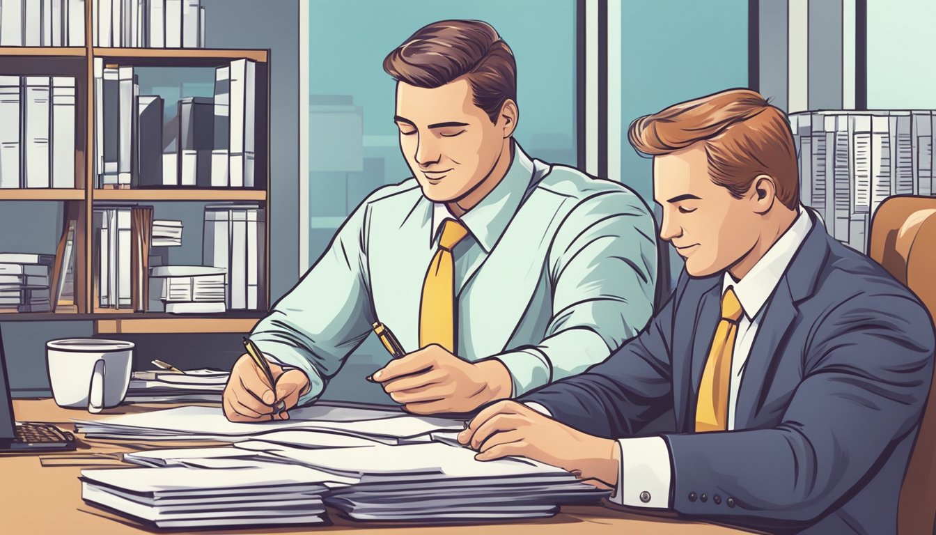 A confident business owner signs loan documents while a banker looks on approvingly. The office is bright and professional, with a sense of accomplishment in the air
