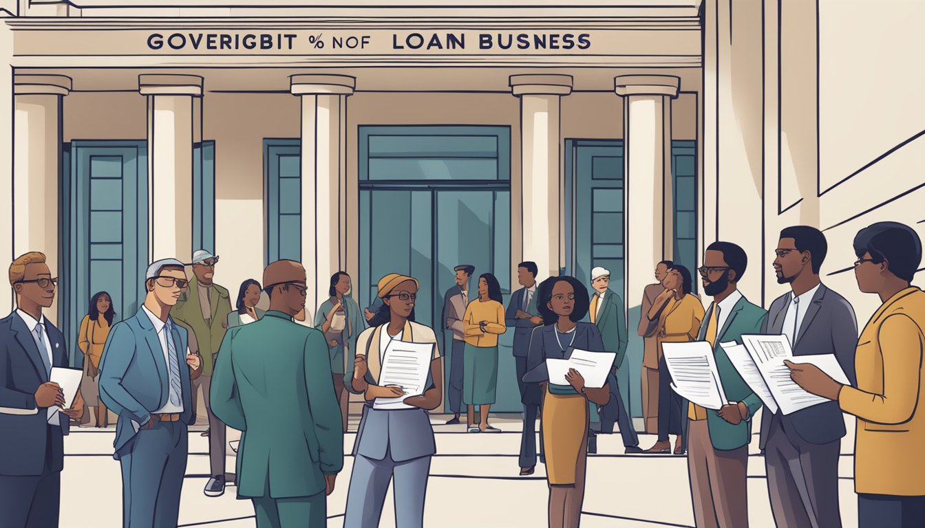 A line of diverse business owners wait outside a government building, holding paperwork and chatting eagerly. A sign above reads "Eligibility and Application Process for gov business loan."