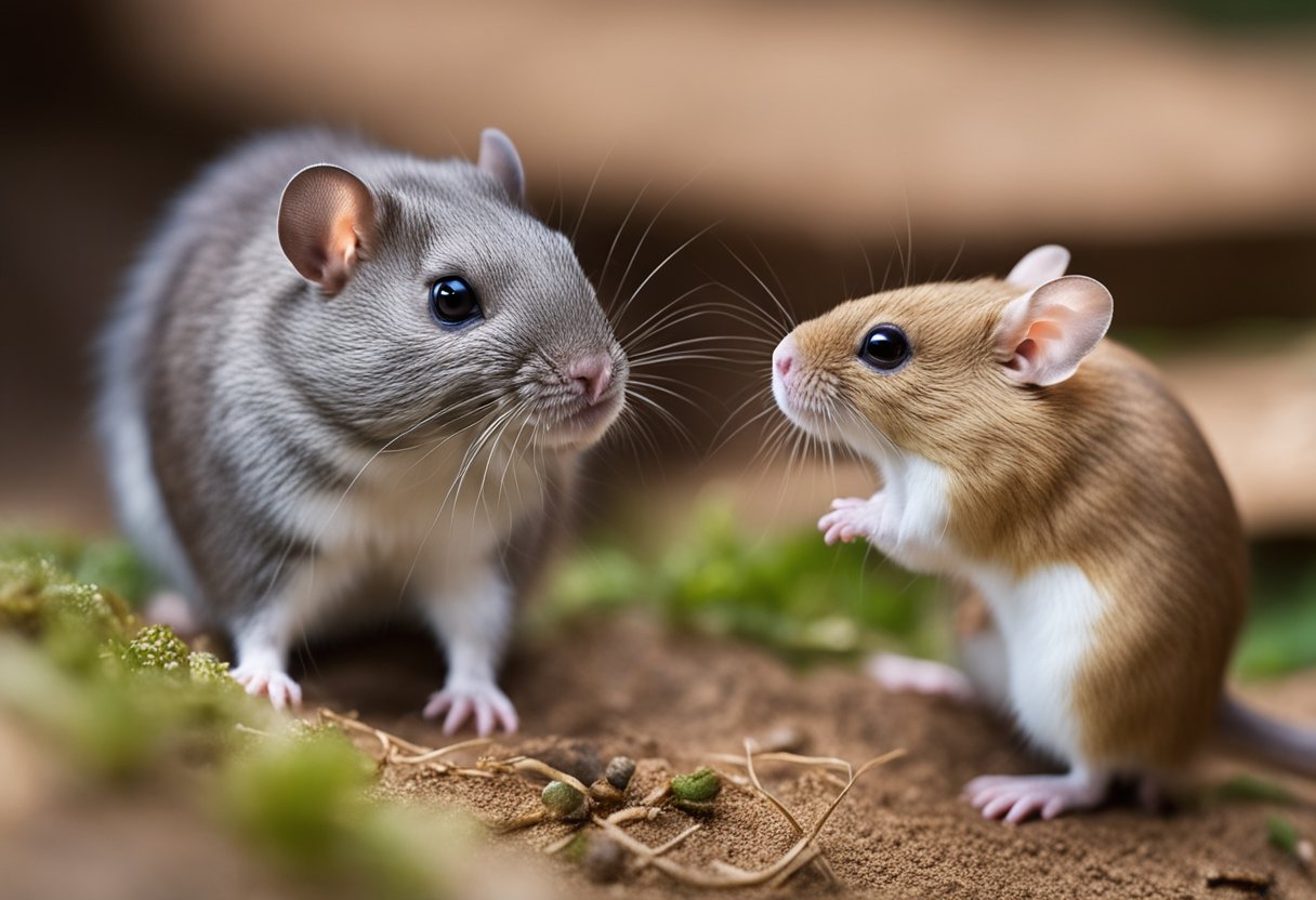 Two small rodents face each other, one a gerbil, the other a rat. The gerbil appears to be approaching the rat in a friendly manner