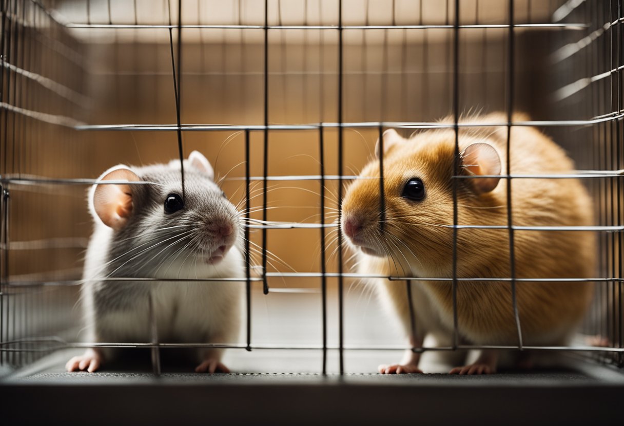 Gerbils and rats in separate cages, with gerbils showing signs of curiosity and approachability, while rats appear more cautious and reserved