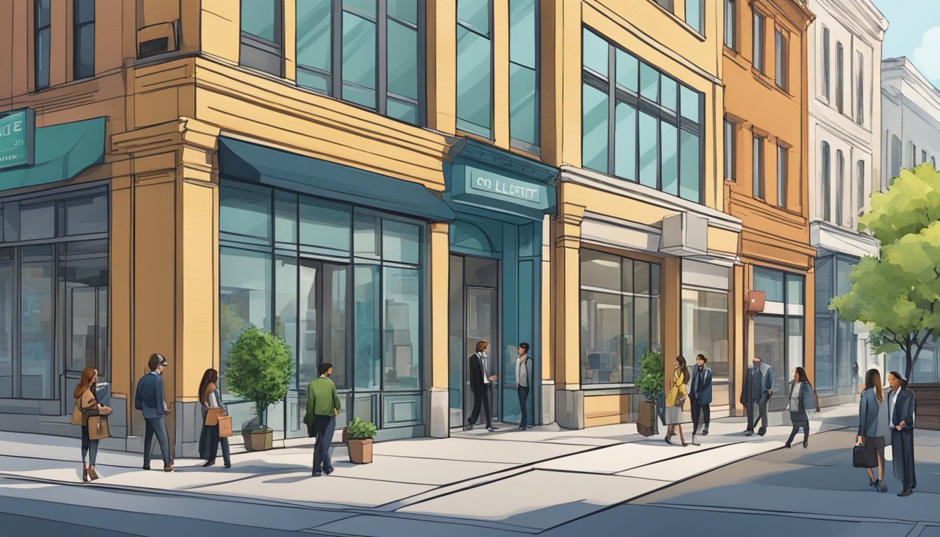A bustling city street with a modern office building and a small business owner meeting with a loan officer. The scene exudes a sense of opportunity and entrepreneurship