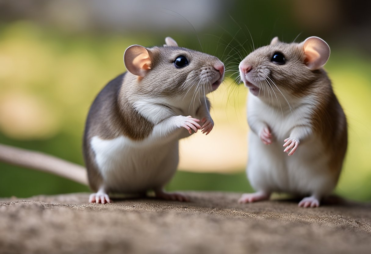 Two small animals, a gerbil and a rat, facing each other with curious expressions, as if engaging in a friendly conversation