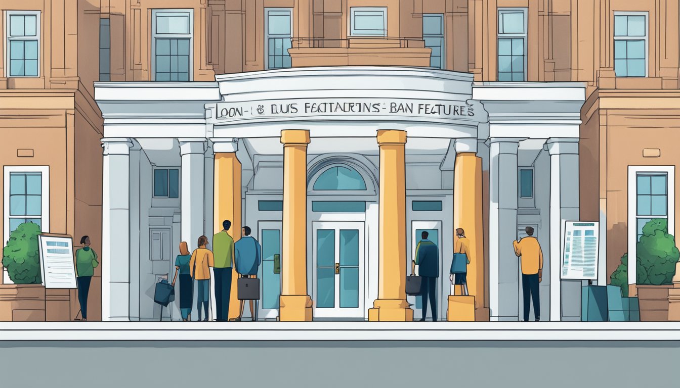 A government building with a sign reading "Loan Features and Benefits" with a line of business owners waiting to enter