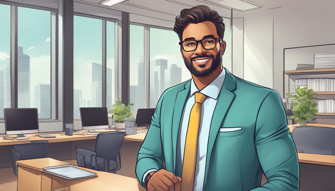 A business owner confidently expands operations with unsecured loans, showcasing growth and success in a bustling office setting