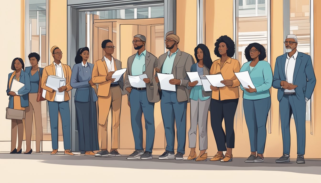 A line of diverse business owners wait outside a government office, holding paperwork and looking expectantly at the entrance