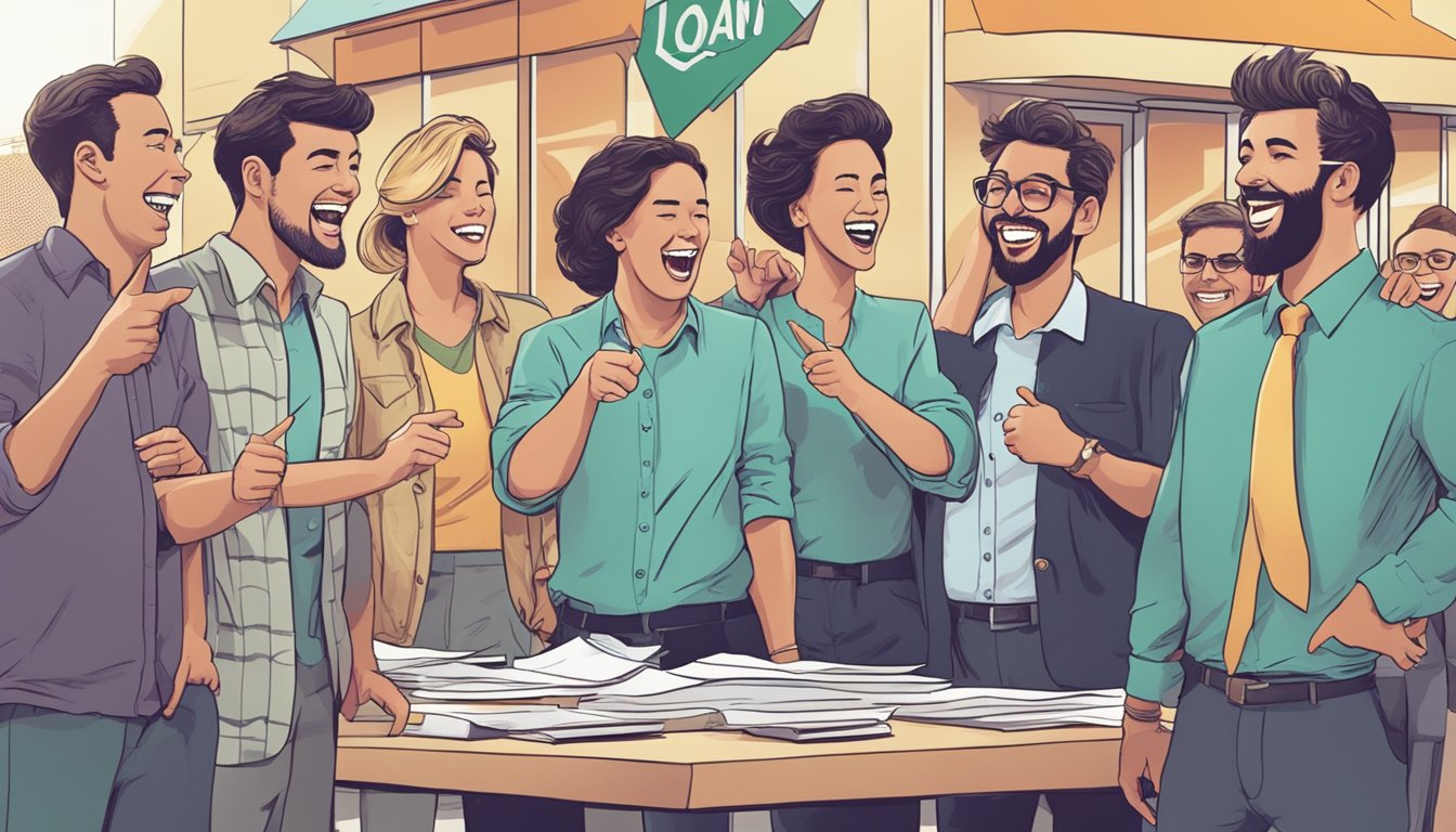 A group of people pointing and laughing at a failed business with a "loan" sign in the background