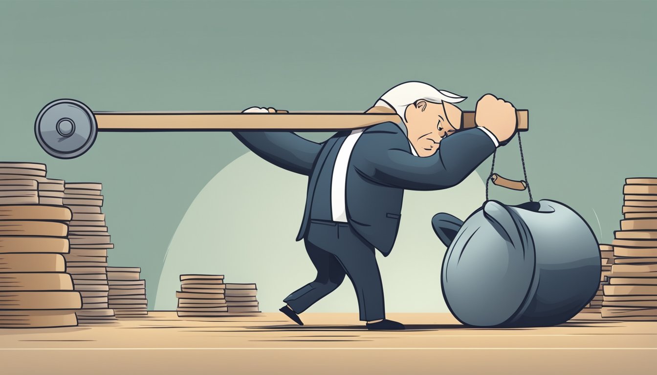 A business owner struggles under a heavy weight, representing the burden of starting with a loan. The weight is pulling them down, symbolizing the pitfalls of this financial choice