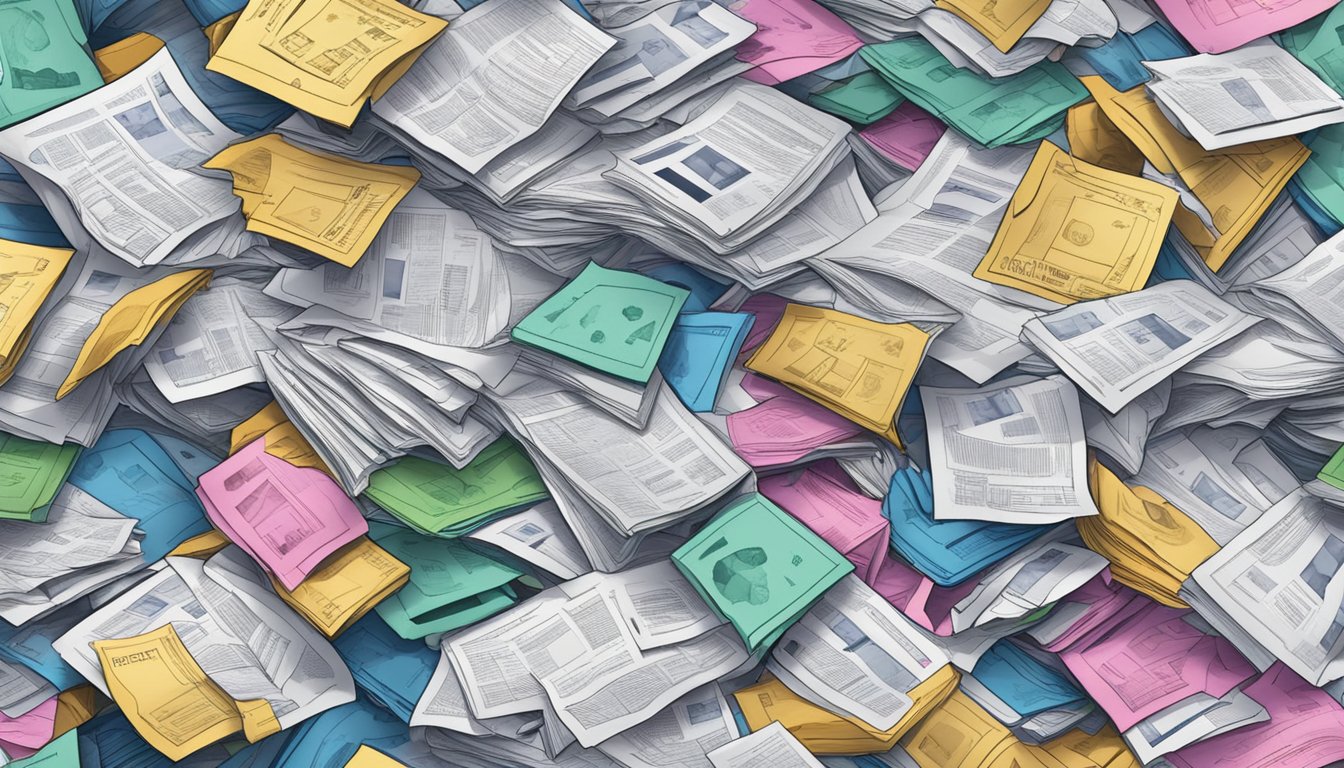 A pile of crumpled loan documents surrounded by puzzled faces