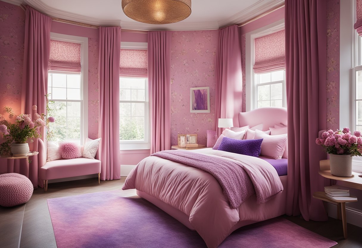 A bright and colorful bedroom with a pink and purple color scheme, floral wallpaper, a canopy bed, and a cozy reading nook with a window seat and fluffy pillows