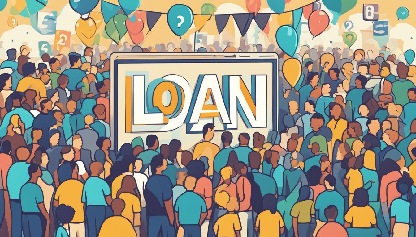 A small business loan sign with a bold font, surrounded by question marks and a crowd of people in the background