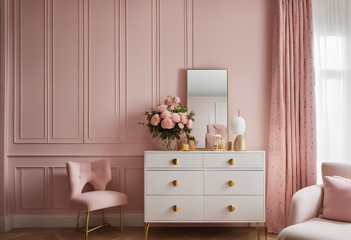 A bedroom with pink walls, floral patterned bedding, and polka dot curtains. A white dresser with gold hardware and a pink rug with a geometric pattern