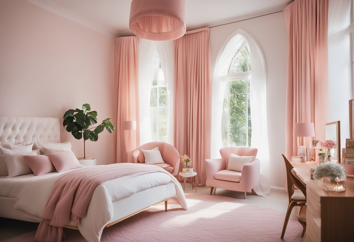 A bright and colorful bedroom with a pink and white color scheme. A canopy bed with flowy curtains, a vanity table with a mirror, and a cozy reading nook with a fluffy rug and bookshelves