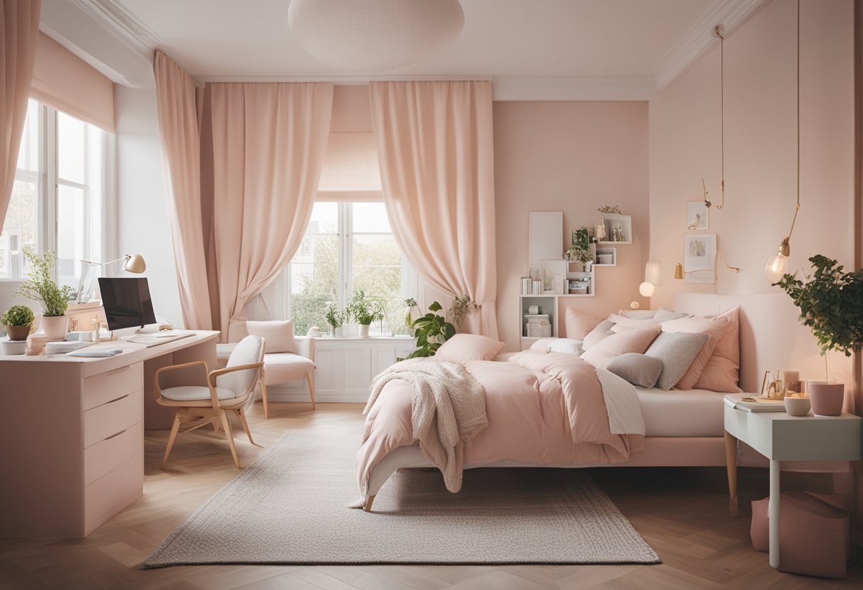 A cozy bedroom with pastel colors, a canopy bed, and a desk area for studying and creative activities. Feminine decor and plenty of storage for clothes and accessories