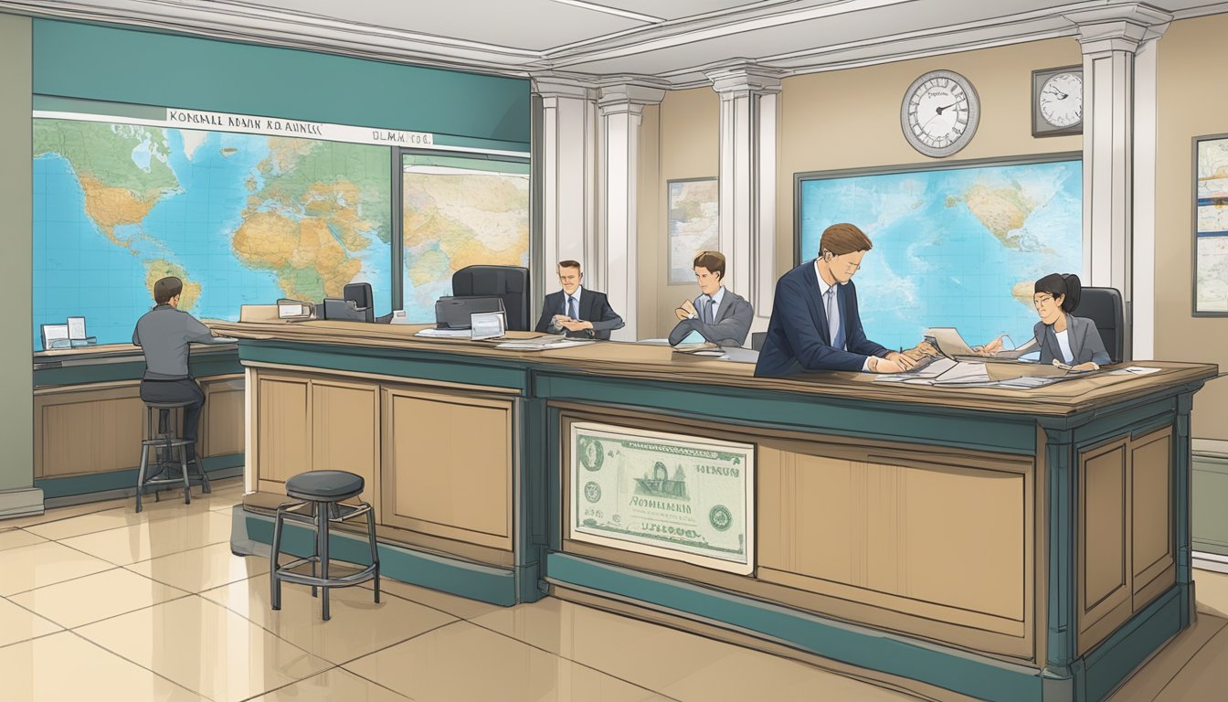 A business owner signing loan documents at a foreign bank, with a world map on the wall and international currency displayed on the counter