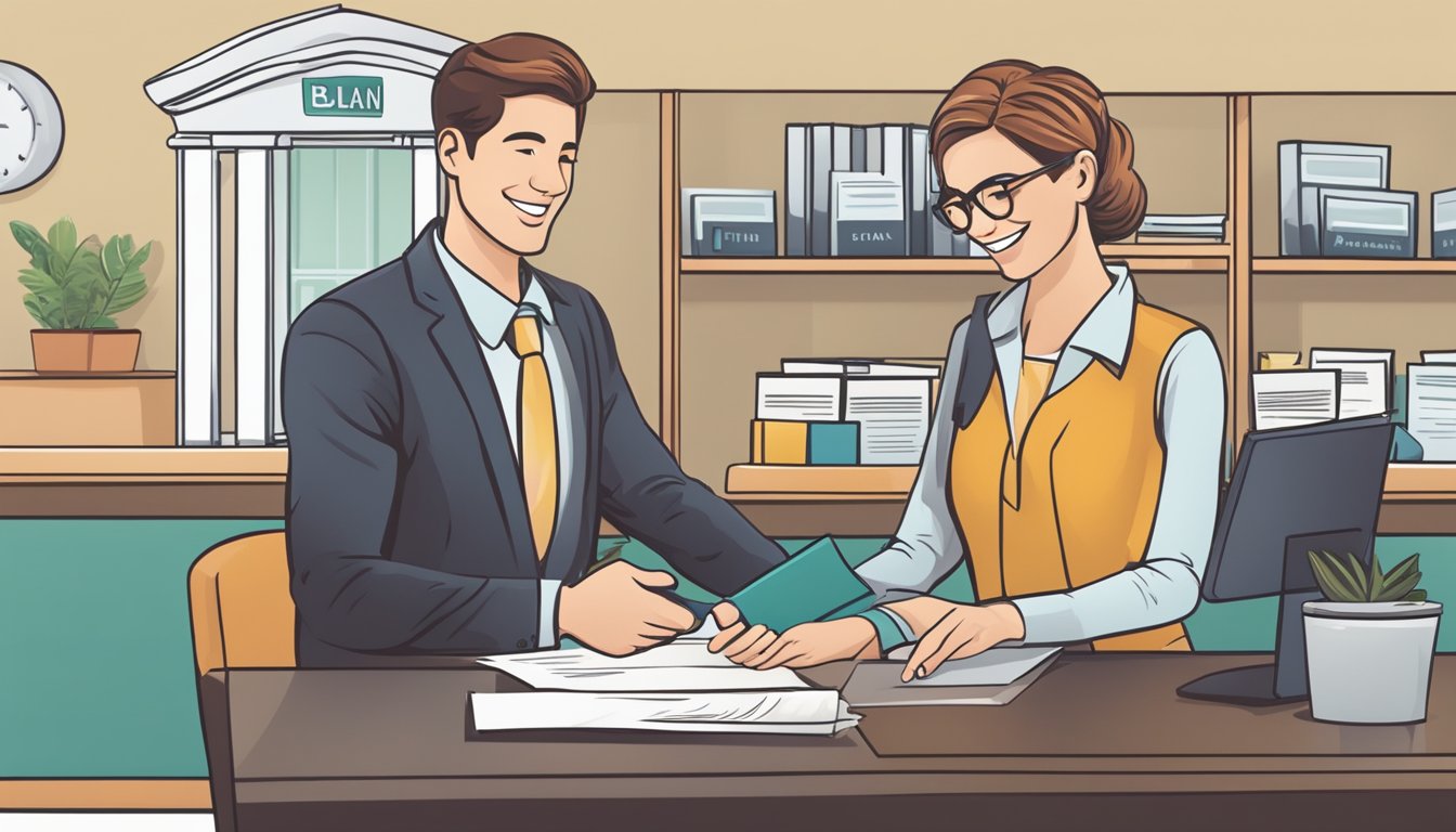 A small business owner confidently signs loan documents at a bank, smiling as the loan officer shakes their hand. The bank logo is visible in the background