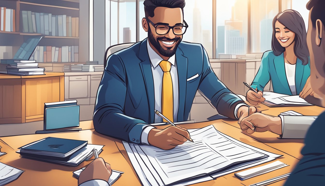 A small business owner confidently signing loan documents, with a bright smile and a sense of relief, surrounded by supportive financial advisors