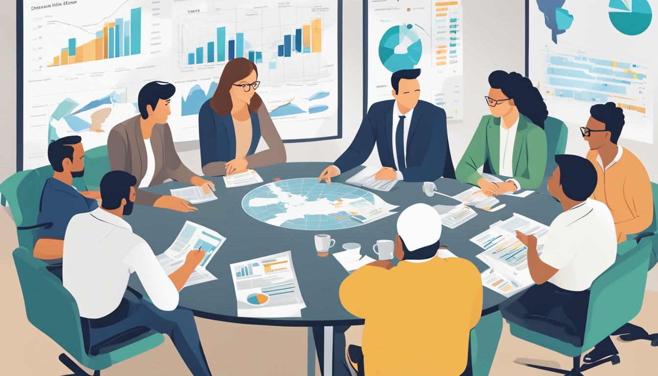 A group of professionals sit around a table, discussing business growth and international loans. Maps and financial charts are spread out in front of them as they strategize for the future