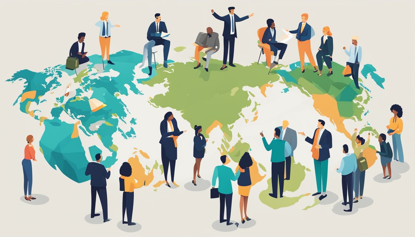 A group of diverse business people gather around a world map, pointing to different countries while discussing frequently asked questions about obtaining loans abroad