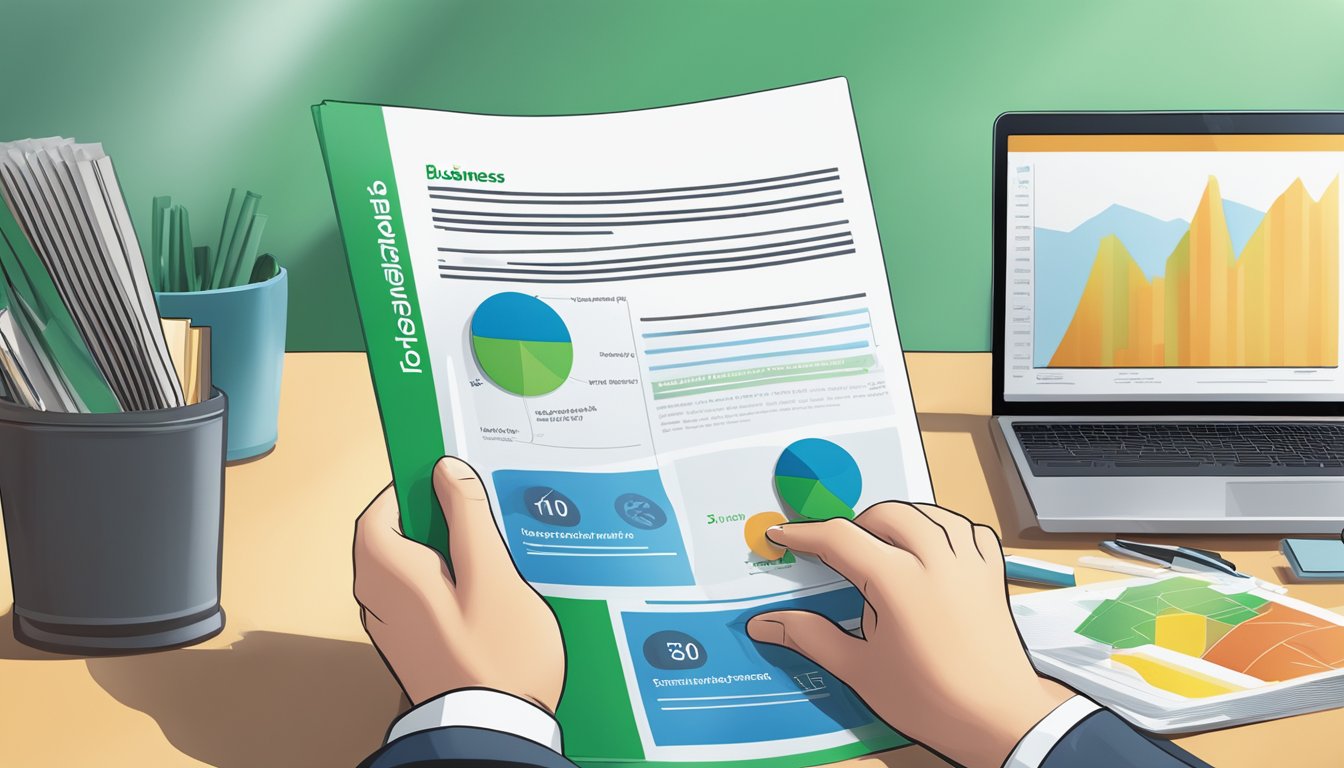 A businessman examines Standard Chartered Business Loans brochure at a modern office desk