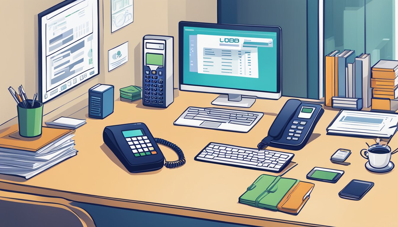 A phone with "UOB Business Loan Hotline" displayed on the screen, surrounded by office supplies and a computer showing financial data