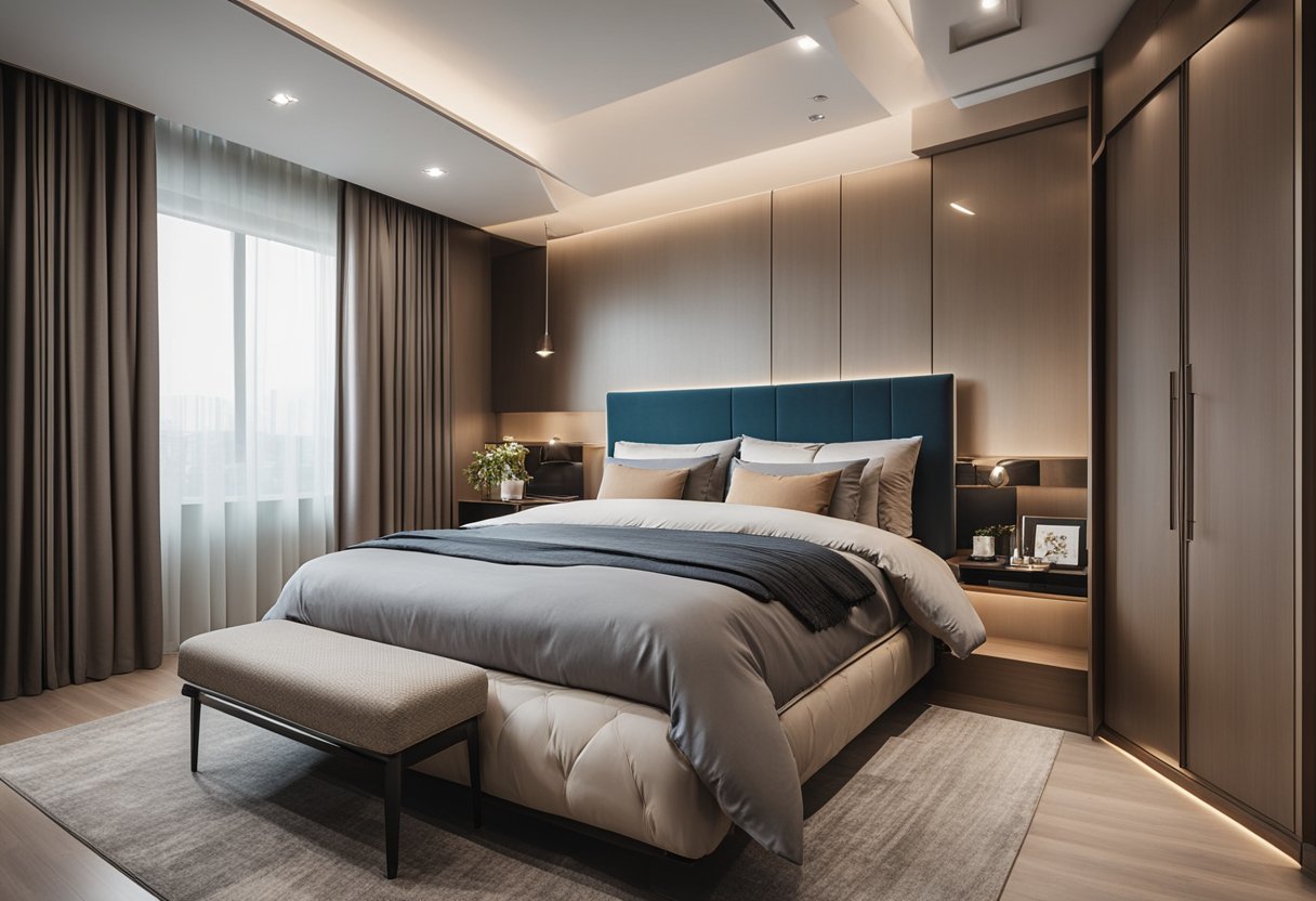 A spacious master bedroom with a modern HDB design, featuring a walk-in wardrobe with sleek storage solutions and stylish decor