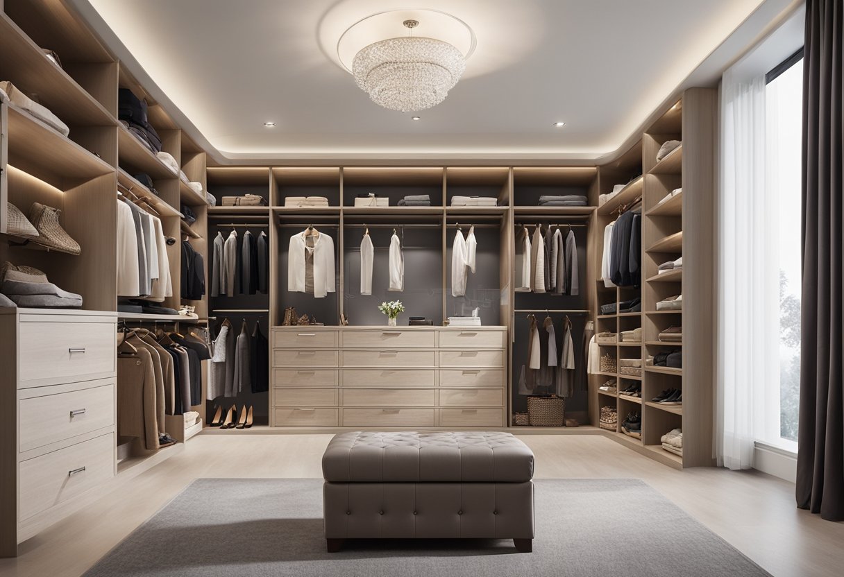 A spacious master bedroom with a walk-in wardrobe filled with neatly arranged clothes, shoes, and accessories. The wardrobe features built-in shelves, drawers, and hanging racks, creating a sense of organization and luxury