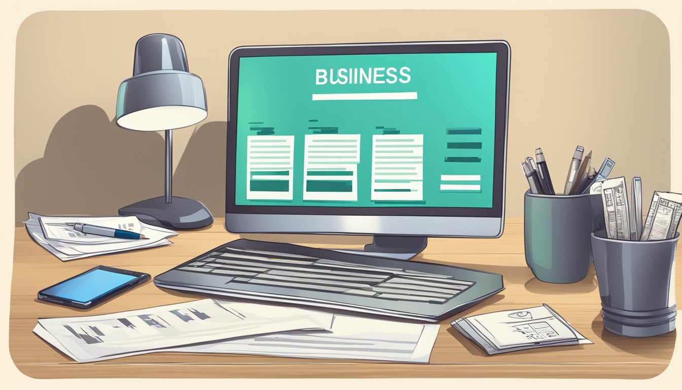 A desk with a laptop, financial documents, and a pen. A sign with "Business Loan Application" on the wall